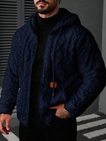 Manfinity CasualCool Men's Zip Front Drawstring Hooded Fleece Long Sleeve Jacket, Autumn/Winter Navy Blue Outerwear Men Sweater Jacket Woolen Jacket Men Navy Blue Jacket