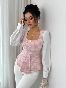 Elenzga Women's Elegant Pink Plaid Patchwork White Square Collar Asymmetrical Hem Faux Pearl Button Decor Long Sleeve Fitted Blouse, Spring/Autumn Fall Cloth For Women - Pink - View 8