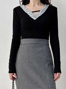 DAZY Women's V-Neck Sequin Design Long Sleeve T-Shirt, Slim Fit Casual Pullover Top Carnival - Black - View 5