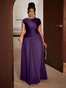 Maweii Plus Size Women Elegant Solid Color Pleated Round Neck Sleeveless Dress - Purple - View 4