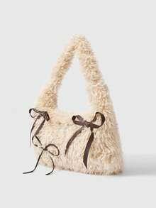 ROMWE Kawaii Fashionable Faux Fur Women's Handbag With Bowknot, Sweet Style Shoulder Bag - Beige - View 2