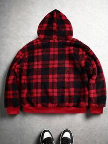 Manfinity Homme Men's Plaid Print Half-Zip Fleece Hooded Sweatshirt, Christmas - Red - View 2