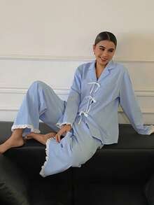 DAZY Conjunto de pijama de mujer con volantes y moño en contraste de colores, ropa de invierno - Azul - Ver 3