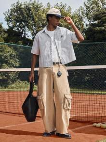 SWAVVY 男士刺绣格子纽扣短袖休闲衬衫 - 黑與白 - 查看 6