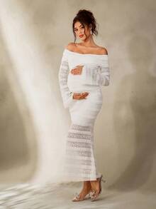 Cheriluna Maternity Abito da fotografia premaman con spalle scoperte, maniche lunghe, volant e pizzo, bianco, adatto per Capodanno - Beige - Visualizzare 1