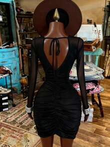 Franclia Fashionable Business Round Neck Long Sleeve Mesh Patchwork Backless Women Dress - Black - View 2
