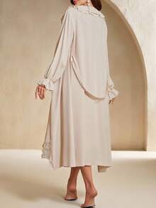 Anewsta 两件套叠层荷叶边领长袖睡袍和3D玫瑰吊带裙睡衣套装，秋季服装，冬季服装 - 杏色 - 查看 2