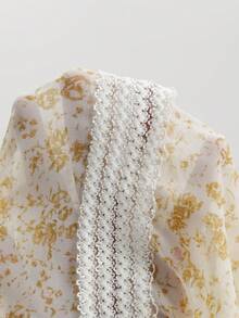 EMERY ROSE 复古优雅小碎花透明雪纺泡泡袖束腰性感女式大码迷你连衣裙 - 黃色 - 查看 6