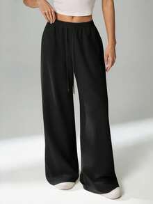 SHEIN Tall Spring And Summer New Casual And Versatile Slim Low-Waist Elastic Waistband Loose Wide-Leg Sweatpants Baggy - Black - View 5