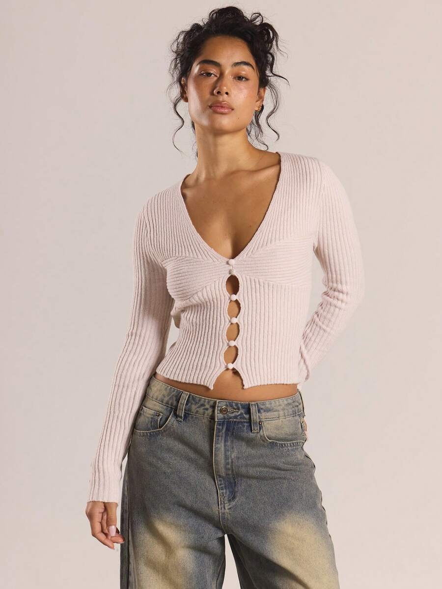 MUSERA V-Neck Rib Pattern Long Sleeve Button Down Tie Back Knit Top Winter Casual Going Out Everyday Night Out Sexy Cute Cosy Elegant Party - Khaki - View 1