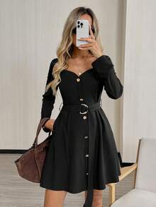 Easowa Schwarzes, minimalistisches Minikleid mit langen Ärmeln für Damen, elegantes, lässiges Alltagskleid, schwarzer Minirock, Ausgeh-Top, elegantes Kleid für Damen, elegantes Kleid für Damen, Business-Casual-Kleid für Damen, Ausgeh-Tops für Damen, Korsettkleid mit langen Ärmeln - Schwarz - Übersicht 3