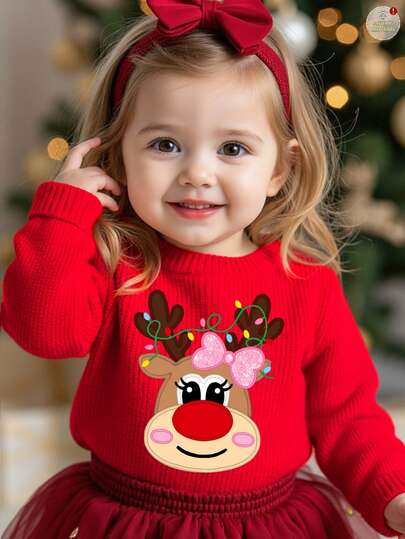 SHEIN Suéter de Navidad para bebé niña, estilo casual y lindo con estampado de renos, cuello redondo, cómodo para uso diario, manga larga, adecuado para otoño/invierno, suéter de pre-otoño, suéter de punto, apariencia de punto sin esfuerzo, Rodolfo el reno de nariz roja, denim casual, suéter rojo, suéter navideño, flor de Pascua