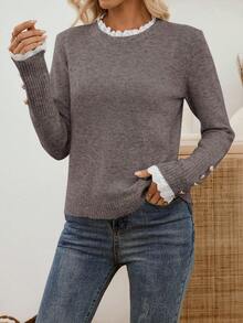 EMERY ROSE New Autumn/Winter Lace Trim Mock Neck Pullover Sweater, Versatile & Elegant Design For Women,Sweaters For Women - Mocha Brown - View 11