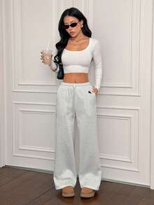 SHEIN PETITE Women's Fall Pebble Detail Straight-Leg Sweatpants Graduation,Back To School Outfits,Graduation,Teacher Outfits For Women,Back To School - Grey - View 6