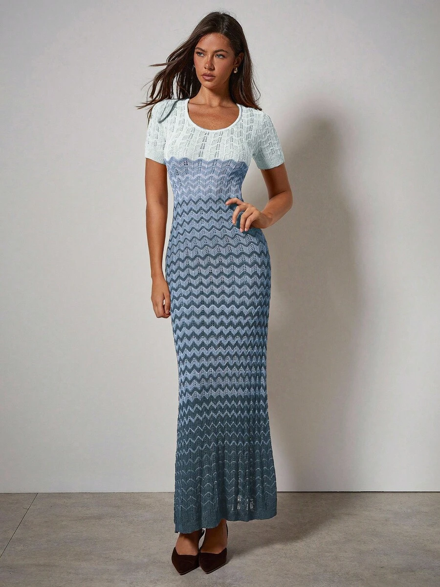 COSMINA Women's Wavy Striped Round Neck Short Sleeve Fitted Knit Dress - Blue - View 1