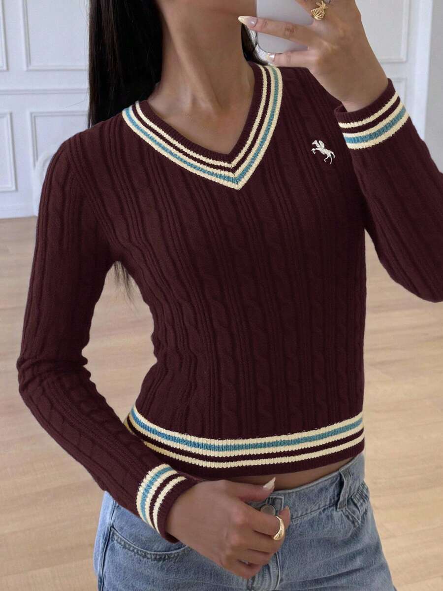 SHEIN 海军蓝 V 领基本款休闲套头衫，撞色，校服/日常穿着 - 酒紅色 - 查看 1