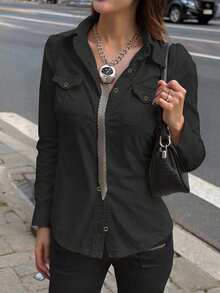 INAWLY 女式卡其色长袖收腰实用衬衫，户外休闲通勤，秋季 - 黑色 - 查看 5