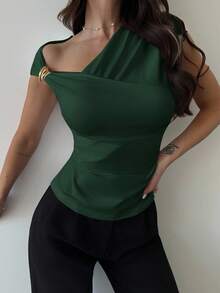 Firerie Women's Asymmetric Shoulder Wrap Ruched Waist Tight Fitting T-Shirt, Elegant Modest Daily Commute, Spring/Summer - Dark Green - View 4