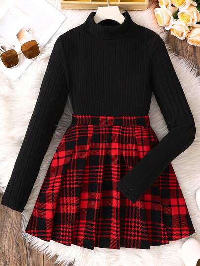 SHEIN Teen Girl Plaid Pleated Skirt And Solid Color Turtleneck Long Sleeve T-Shirt Set, Casual