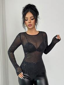 SHEIN PETITE 娇小女装时尚休闲亮片圆领长袖紧身性感网纱上衣 - 黑色 - 查看 6