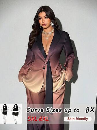 SHEIN CURVE+ 大码女式渐变印花翻领设计飘逸腰带真口袋两件套，时尚休闲外套，适合派对、约会、圣诞节、新年