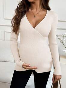 SHEIN Pregnant Women's Solid Color Overlap V-Neck Long Sleeve Fitted Nursing Sweater, Autumn/Winter - Apricot - View 3