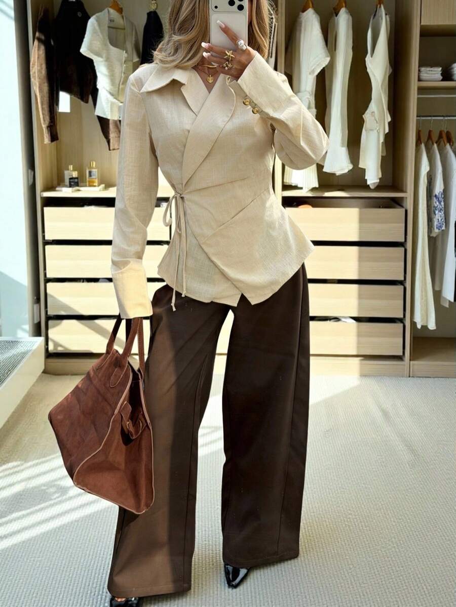Siren Gaze Women's Casual Solid Color Minimalist Cinched Waist Long Sleeve Shirt, Autumn/Winter Asymmetrical Blouse Women Blouses Elegant  Waist Tie Long Sleeve Shirt