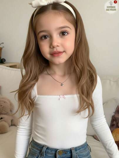 SHEIN Young Girl Solid Color Ruffle Collar Bowknot Fitted Long Sleeve Cropped Casual Elegant T-Shirt, Sweet & Cool Girl, Personalized Cute, School Style, Back To School Season