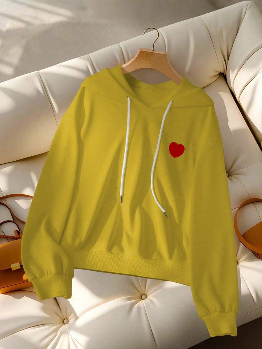 GlowEve Women's Heart Print Hooded Long Sleeve Sweatshirt - Yellow - View 1