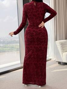Modelyn 女士时尚休闲褶皱高开衩连衣裙 - 酒紅色 - 查看 4