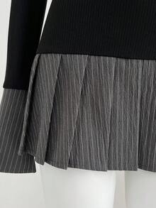 SHEIN PETITE 女士条纹二合一褶裥下摆连衣裙 - 黑色 - 查看 6