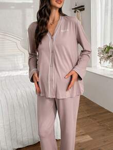 SHEIN Contrast Trim V-Neck Letter Embroidery Long Sleeve Top & Pants Maternity Lounge Set, Winter Maternity Sleepwear Set Sleep Wear Women 2 Piece Set Maternity Pajama Set - Dusty Pink - View 3