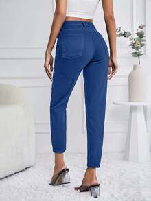 EURMUSE 97%棉 女士休闲高腰妈妈款牛仔裤 - 中等水洗藍 - 查看 2