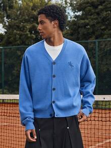 SWAVVY 男士休闲骑士刺绣开衫，秋冬 - 藍色 - 查看 3