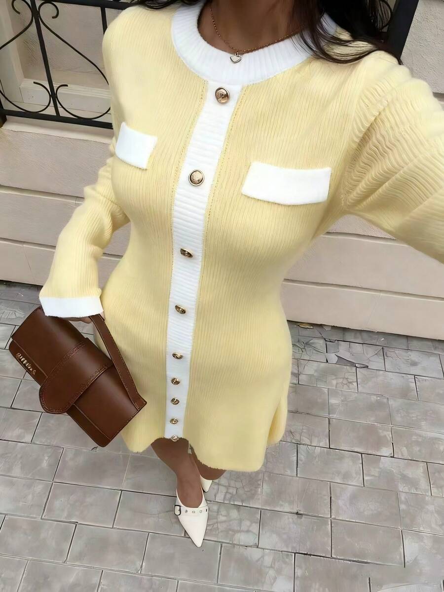 SHEIN LUNE 2025秋冬新款时尚优雅拼色纽扣针织毛衣裙 - 黃色 - 查看 1