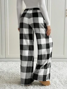 SHEIN Tall Women's Tie-Waist Fluffy Plaid Print Casual Wide Leg Baggy Pants Black And White Plaid Pants Wide Leg Pants Striped Palazzo Pants Wide Leg Striped Pants Palazzo Pants Women Fall Winter Thickened Pants