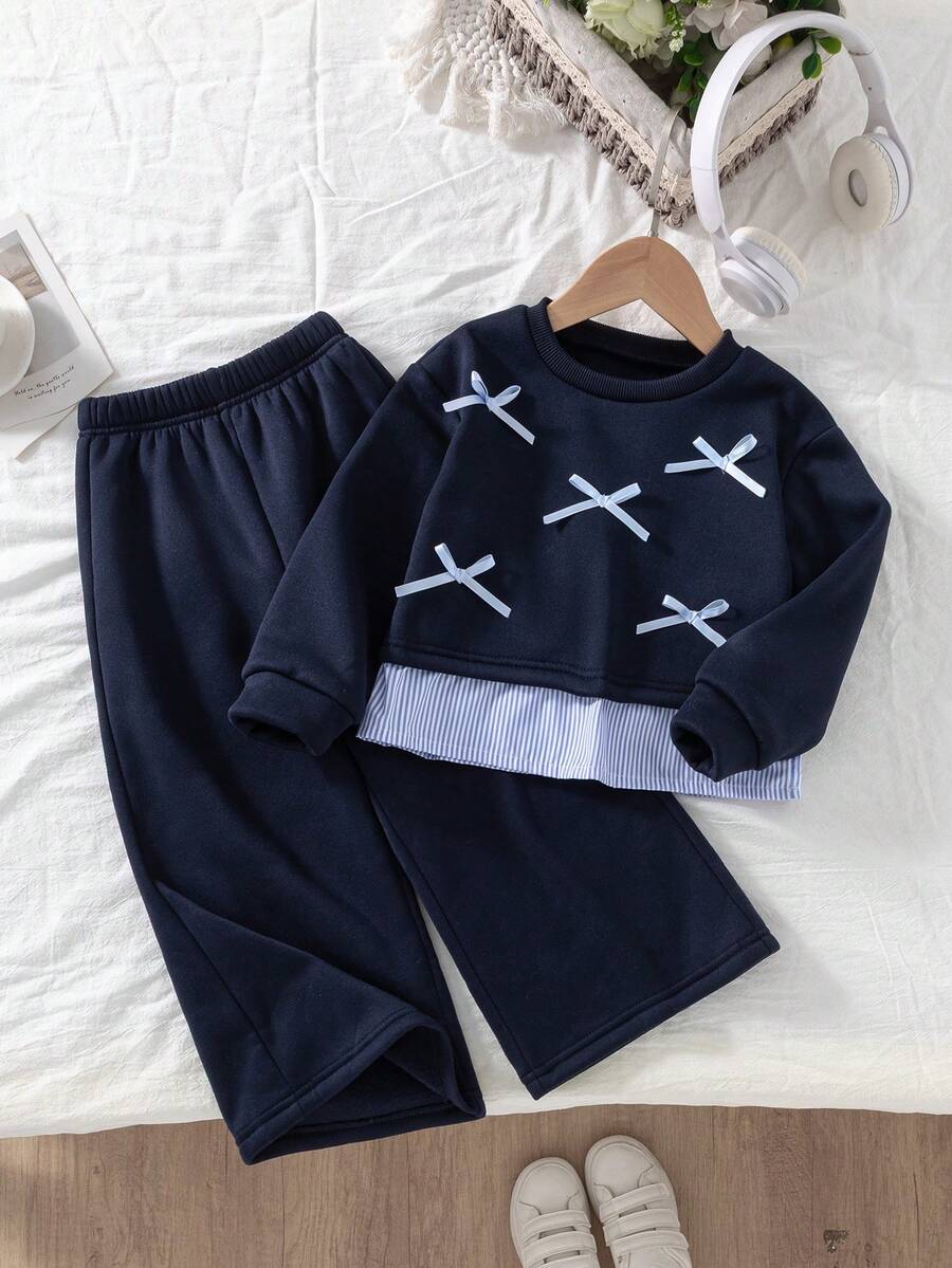 Genkimix Kids 2pcs/Set Girls' Korean Style Loose Fit Floral Print Sweatshirt With Bow Decor - Navy Blue - View 1