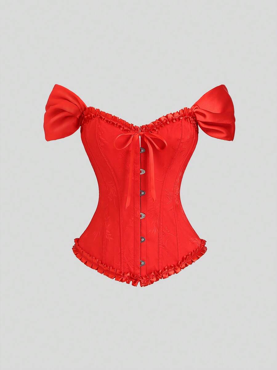 SHEIN Unity Nueva blusa con hombros descubiertos, volantes, estampado floral, nudo delantero y cintura ceñida - Rojo - Ver 1