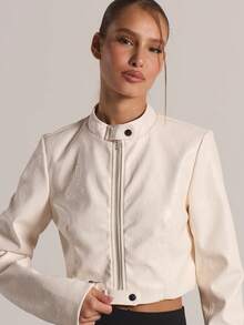 MUSERA 漏斗领纽扣宽松拉链PU短款外套，冬季休闲外出日常夜生活性感可爱舒适 - 奶油色 - 查看 2