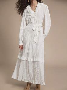 Florisole Women's Solid Color V-Neck Tie Waist Ruffle Hem Elegant Long Sleeve Dress  Romantic - White - View 4
