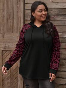 EMERY ROSE Plus Size Casual Leopard Print Patchwork Sweatshirt,Black,Autumn,Everyday,Long Sleeve Hooded Top For Women,Fashionable Christmas New Year Gift,Simple - Red - View 5