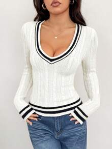 SHEIN PETITE Women's Solid Color Patchwork V-Neck Long Sleeve Casual Sweater In Fall/Winter - White - View 6