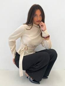 Siren Gaze Women's Solid Color Mandarin Collar Metal Button Decor Office Shirt, Slim Fit Long Sleeve Blouse For Everyday Wear Winter Elegant Spring