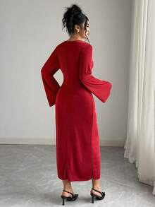Elenzga Christmas Plus Size Autumn/Winter Knit Round Neck Cinched Waist Ruched Long Sleeve Mermaid Maxi Dress Burgundy Dress Red Long Sleeve Dress Red Curve Dress Ruched Dress Twist Front Dress Red Midi Dress Long Sleeve Elegant Dress Curve Elegant Dress Ruched Midi Dress Red Elegant Dress For Women Chinese New Year New Year Valentine's Day Christmas - Burgundy - View 2