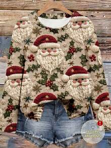 EMERY ROSE Plus Size Women Santa Claus Print Casual Long Sleeve Pullover Sweater/Christmas - Multicolor - View 6