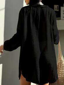 Bonvoyette Summer Beach Solid Split Hem Long Sleeve Button-Front Kimono - Black - View 5