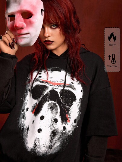 Friday the 13th X ROMWE بلوزة هودي بأكمام طويلة وطبعة قناع للنساء 2 في 1