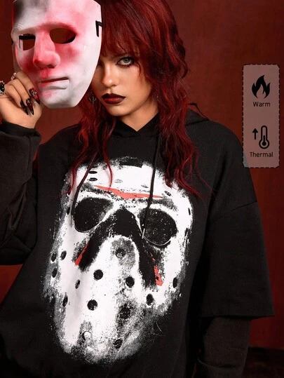 Friday the 13th X ROMWE 女士口罩图案长袖连帽二合一运动衫