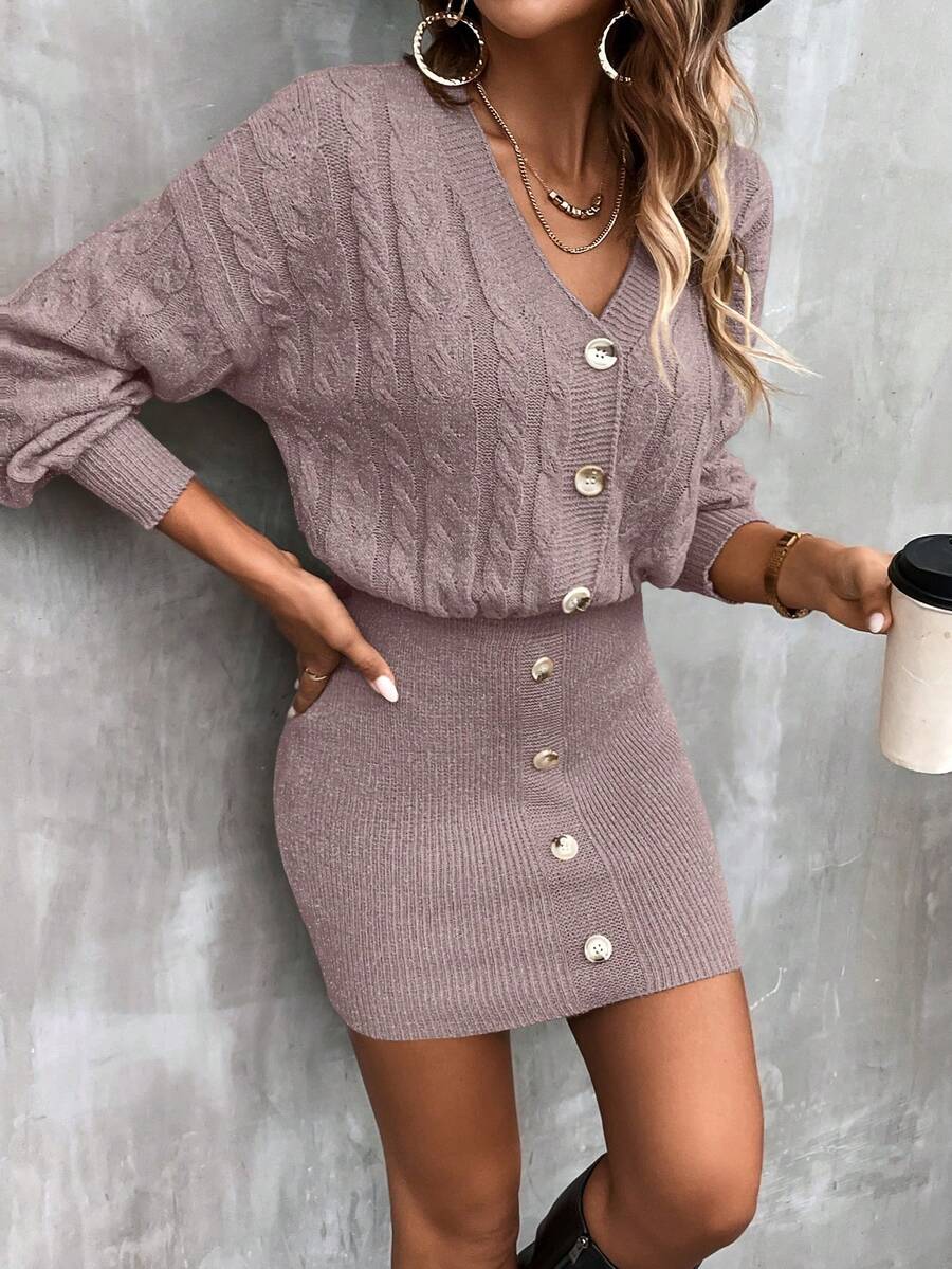 SHEIN Clasi 女式纯色针织连衣裙，秋冬 - 藕粉色 - 查看 1