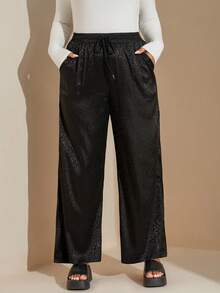 SHEIN Tall CURVE Pantalon décontracté ample avec cordon de serrage et poches, imprimé léopard grande taille - Noir - Voir 3